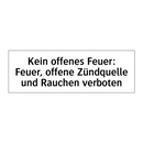 Kein offenes Feuer: Feuer, offene Zündquelle und Rauchen verboten
