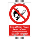 Kein offenes Feuer: Feuer, offene Zündquelle und Rauchen verboten