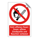 Kein offenes Feuer: Feuer, offene Zündquelle und Rauchen verboten