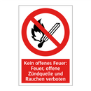 Kein offenes Feuer: Feuer, offene Zündquelle und Rauchen verboten