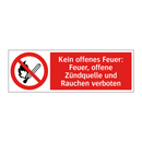 Kein offenes Feuer: Feuer, offene Zündquelle und Rauchen verboten