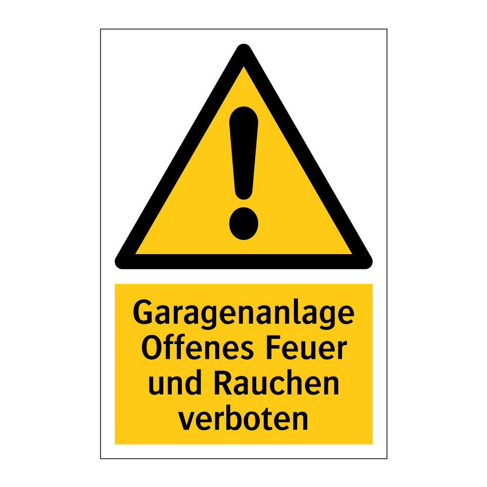 Warnschild „Garagenanlage – Offenes Feuer Und Rauchen Verboten“ – 300x200 Mm, Gelb/schwarz