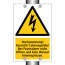 Hochspannung! Vorsicht! Lebensgefahr! Bei Feueralarm nicht öffnen und kein Wasser hineinspritzen.