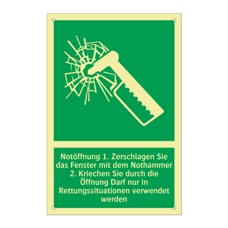 Notöffnung 1. Zerschlagen Sie das Fenster mit dem Nothammer 2. Kriechen Sie durch die Öffnung Darf nur in Rettungssituationen verwendet werden