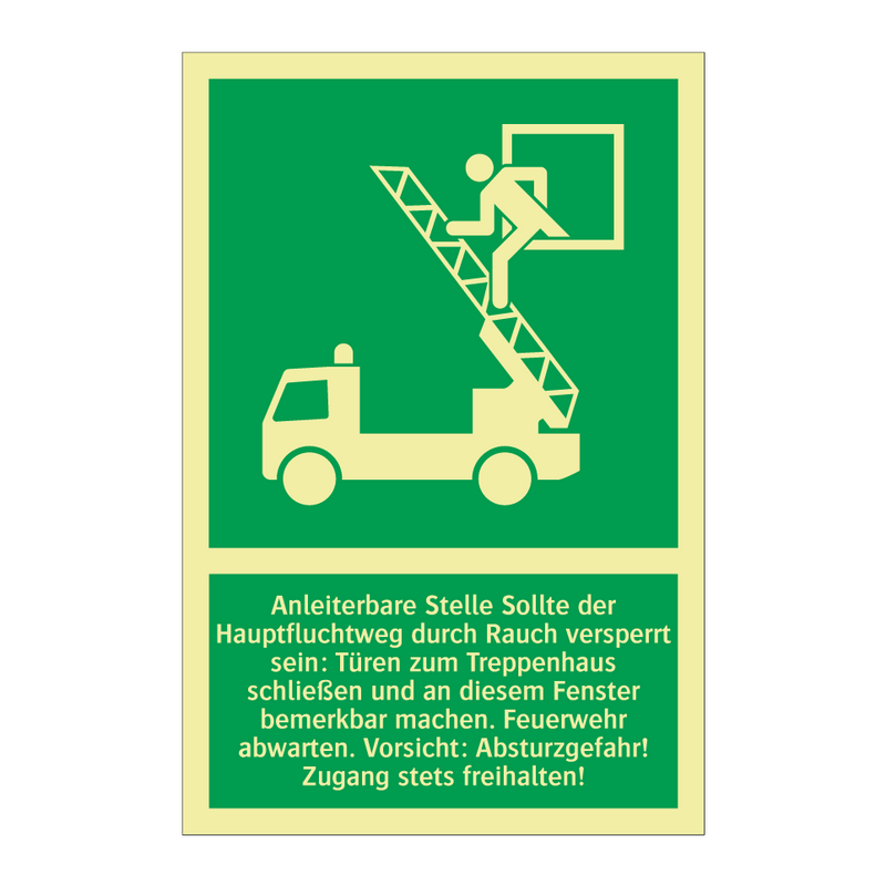 Anleiterbare Stelle Sollte der Hauptfluchtweg durch Rauch versperrt sein: Türen zum Treppenhaus schließen und an diesem Fenster bemerkbar machen. Feuerwehr abwarten. Vorsicht: Absturzgefahr! Zugang stets freihalten!