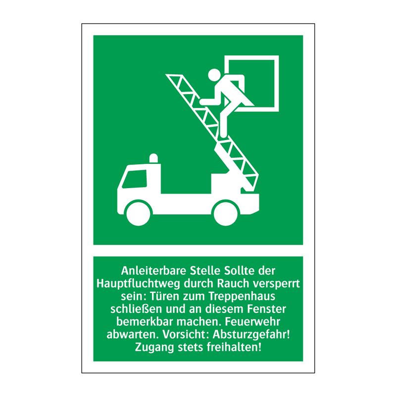 Anleiterbare Stelle Sollte der Hauptfluchtweg durch Rauch versperrt sein: Türen zum Treppenhaus schließen und an diesem Fenster bemerkbar machen. Feuerwehr abwarten. Vorsicht: Absturzgefahr! Zugang stets freihalten!