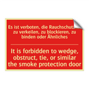 Es ist verboten, die Rauchschutztür /.../ - It is forbidden to wedge, obstruct, /.../