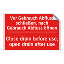 Vor Gebrauch Abfluss schließen, /.../ - Close drain before use, open drain /.../