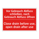 Vor Gebrauch Abfluss schließen, /.../ - Close drain before use, open drain /.../
