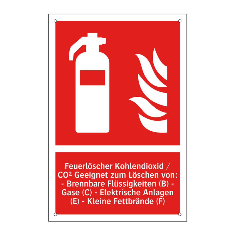 Feuerlöscher Kohlendioxid / CO² Geeignet zum Löschen von: - Brennbare Flüssigkeiten (B) - Gase (C) - Elektrische Anlagen (E) - Kleine Fettbrände (F)