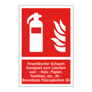 Feuerlöscher Schaum Geeignet zum Löschen von: - Holz, Papier, Textilien, etc. (A) - Brennbare Flüssigkeiten (B)
