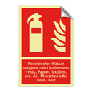 Feuerlöscher Wasser Geeignet zum Löschen von: - Holz, Papier, Textilien, etc. (A) - Menschen oder Tiere - Glut