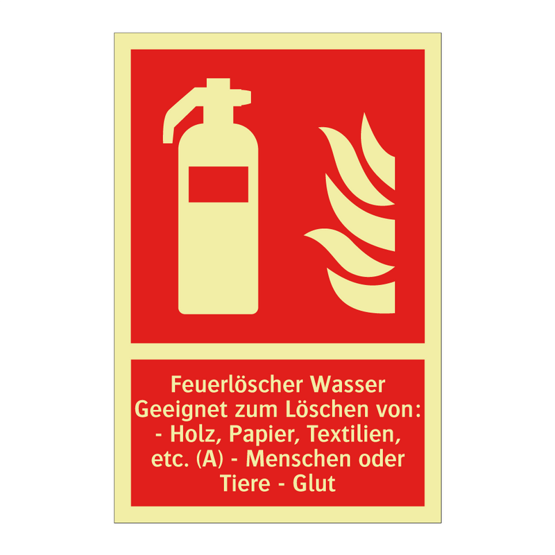 Feuerlöscher Wasser Geeignet zum Löschen von: - Holz, Papier, Textilien, etc. (A) - Menschen oder Tiere - Glut