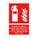 Feuerlöscher Wasser Geeignet zum Löschen von: - Holz, Papier, Textilien, etc. (A) - Menschen oder Tiere - Glut