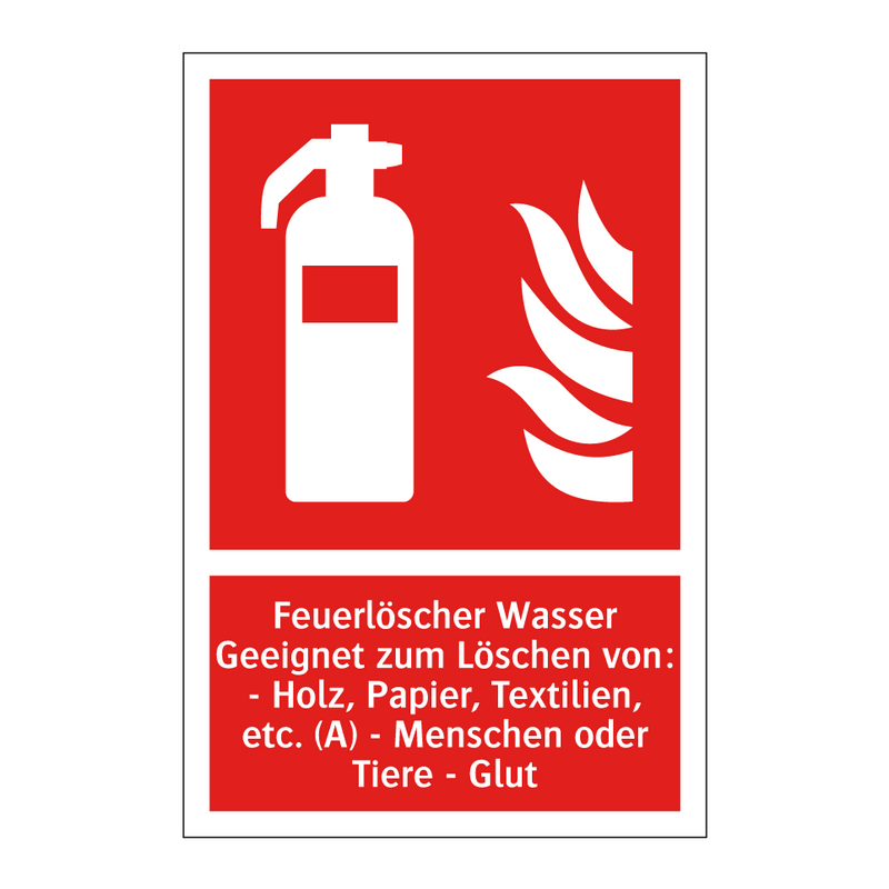 Feuerlöscher Wasser Geeignet zum Löschen von: - Holz, Papier, Textilien, etc. (A) - Menschen oder Tiere - Glut