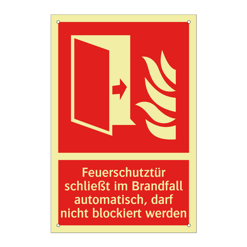 Feuerschutztür schließt im Brandfall automatisch, darf nicht blockiert werden