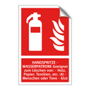 HANDSPRITZE - WASSERPATRONE Geeignet zum Löschen von: - Holz, Papier, Textilien, etc. (A) - Menschen oder Tiere - Glut