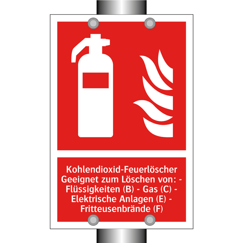 Kohlendioxid-Feuerlöscher Geeignet zum Löschen von: - Flüssigkeiten (B) - Gas (C) - Elektrische Anlagen (E) - Fritteusenbrände (F)