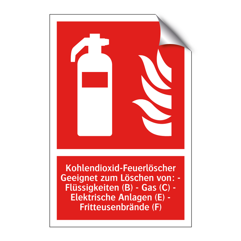 Kohlendioxid-Feuerlöscher Geeignet zum Löschen von: - Flüssigkeiten (B) - Gas (C) - Elektrische Anlagen (E) - Fritteusenbrände (F)