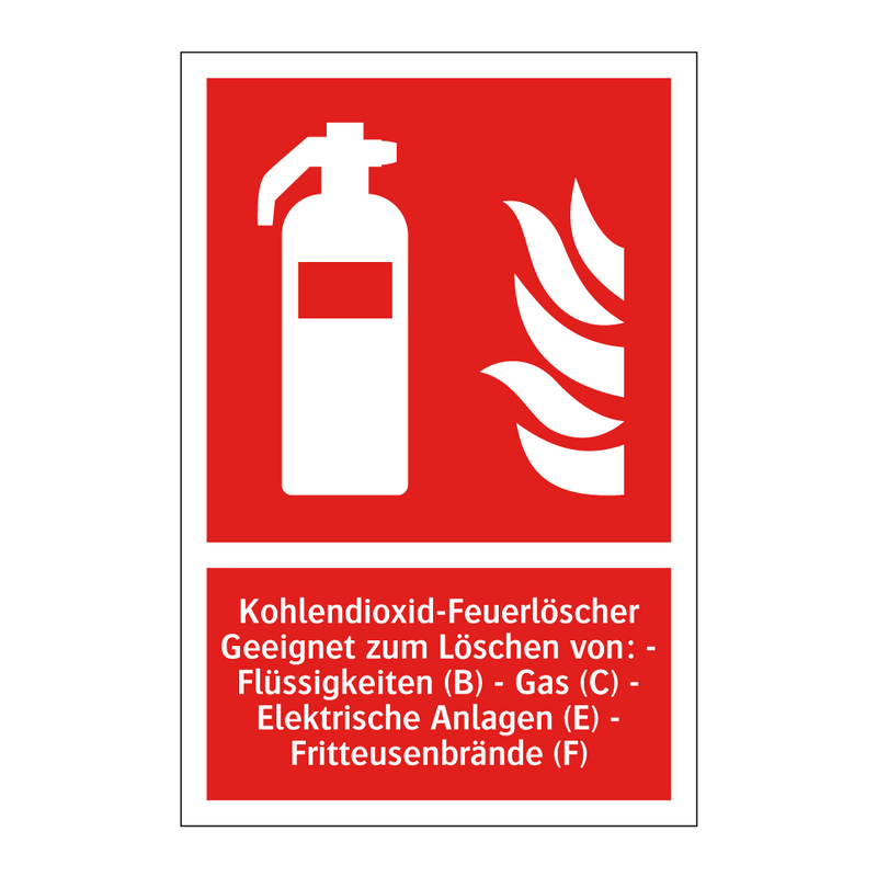 Kohlendioxid-Feuerlöscher Geeignet zum Löschen von: - Flüssigkeiten (B) - Gas (C) - Elektrische Anlagen (E) - Fritteusenbrände (F)