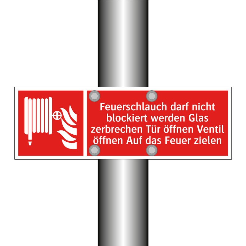 Feuerschlauch darf nicht blockiert werden Glas zerbrechen Tür öffnen Ventil öffnen Auf das Feuer zielen