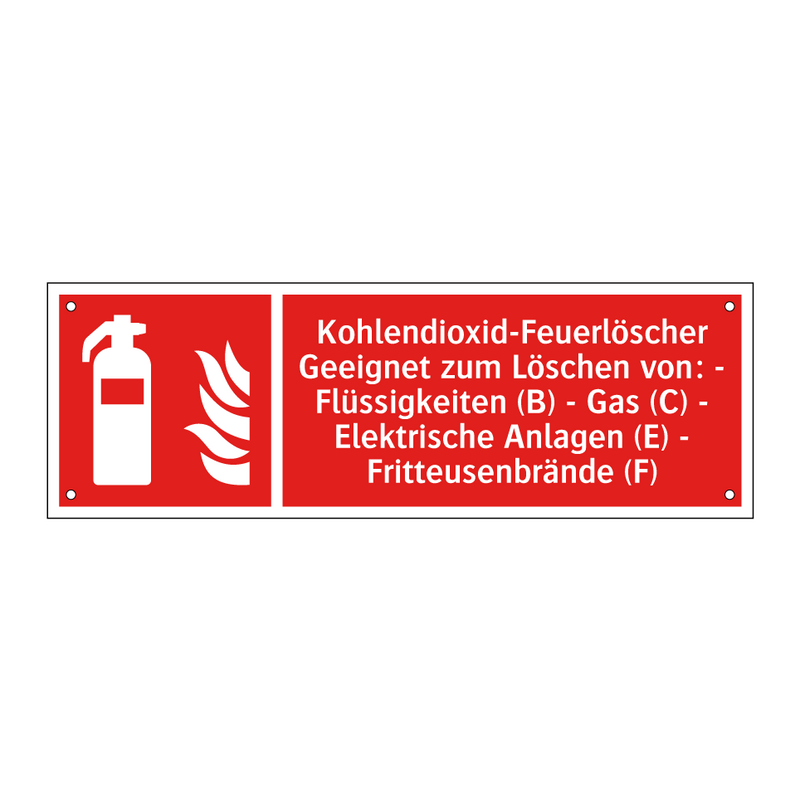 Kohlendioxid-Feuerlöscher Geeignet zum Löschen von: - Flüssigkeiten (B) - Gas (C) - Elektrische Anlagen (E) - Fritteusenbrände (F)