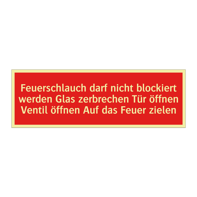Feuerschlauch darf nicht blockiert werden Glas zerbrechen Tür öffnen Ventil öffnen Auf das Feuer zielen