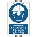 Schutzhelm, Schutzbrille und Gehörschutz erforderlich