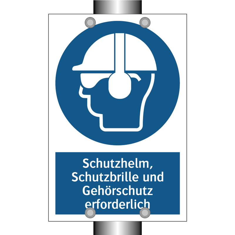 Schutzhelm, Schutzbrille und Gehörschutz erforderlich