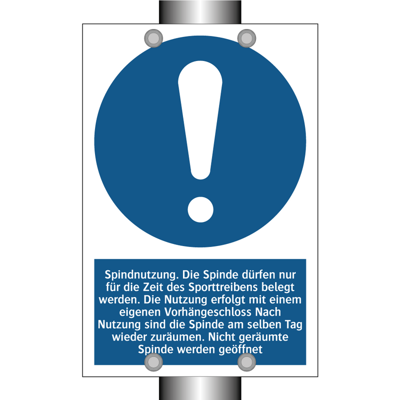Spindnutzung. Die Spinde dürfen nur für die Zeit des Sporttreibens belegt werden. Die Nutzung erfolgt mit einem eigenen Vorhängeschloss Nach Nutzung sind die Spinde am selben Tag wieder zuräumen. Nicht geräumte Spinde werden geöffnet