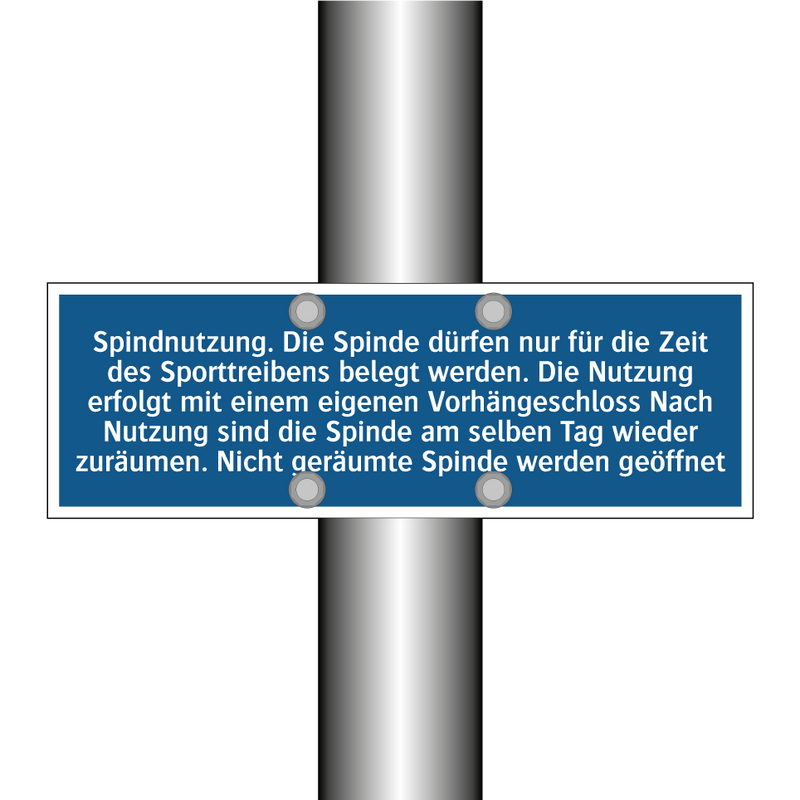 Spindnutzung. Die Spinde dürfen nur für die Zeit des Sporttreibens belegt werden. Die Nutzung erfolgt mit einem eigenen Vorhängeschloss Nach Nutzung sind die Spinde am selben Tag wieder zuräumen. Nicht geräumte Spinde werden geöffnet