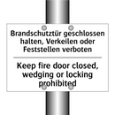 Brandschutztür geschlossen halten, /.../ - Keep fire door closed, wedging /.../