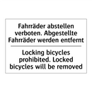 Fahrräder abstellen verboten. /.../ - Locking bicycles prohibited. Locked /.../