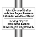 Fahrräder anschließen verboten /.../ - Locking bicycles prohibited. Locked /.../