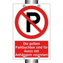 Die gelben Parkbuchten sind für Autos mit Anhängern reserviert