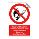 Feuer und Rauchen verboten. Vorsicht beim Laufenlassen von Motoren. Vergiftungsgefahr