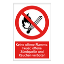 Keine offene Flamme, Feuer, offene Zündquelle und Rauchen verboten