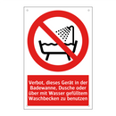 Verbot, dieses Gerät in der Badewanne, Dusche oder über mit Wasser gefülltem Waschbecken zu benutzen