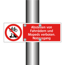 Abstellen von Fahrrädern und Mopeds verboten. Notausgang