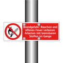 Brandgefahr: Rauchen und offenes Feuer verboten. Arbeiten mit brennbaren Stoffen im Gange