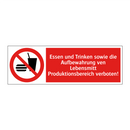 Essen und Trinken sowie die Aufbewahrung ven Lebensmitt Produktionsbereich verboten!