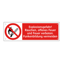 Explosionsgefahr! Rauchen, offenes Feuer und Feuer verboten. Funkenbildung vermeiden