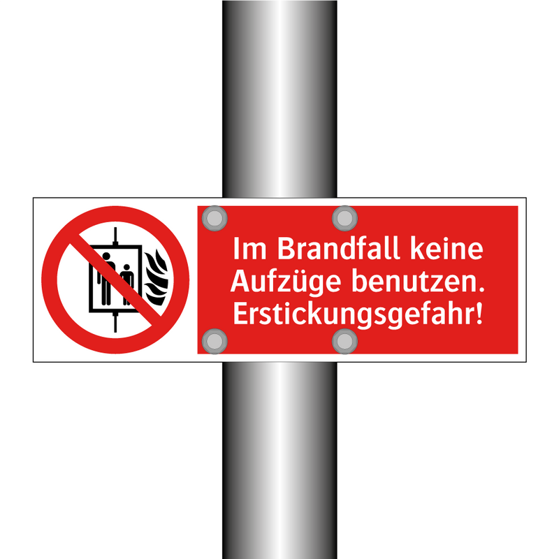 Im Brandfall keine Aufzüge benutzen. Erstickungsgefahr!