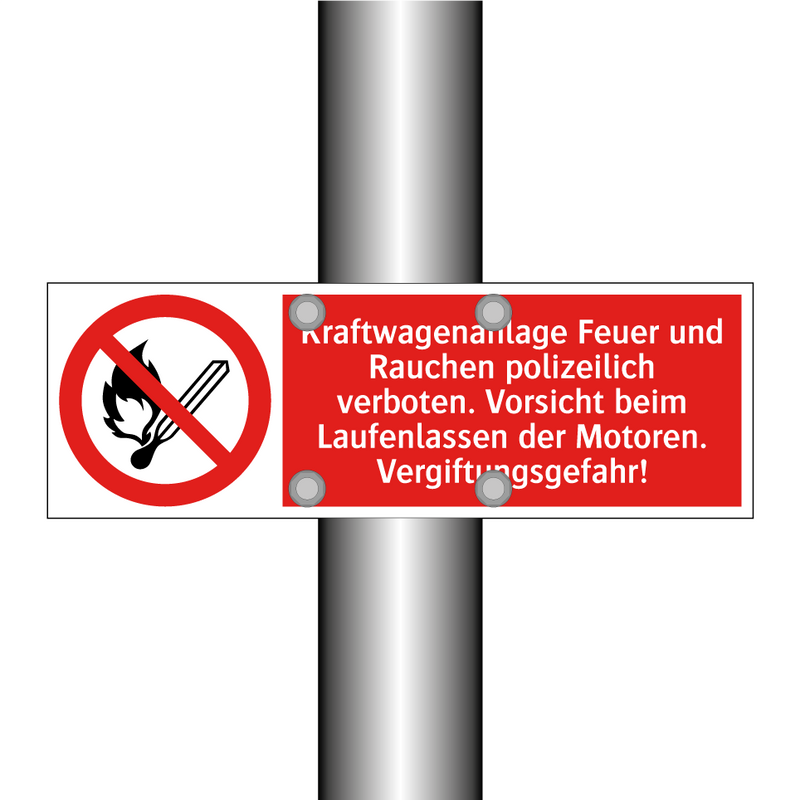 Kraftwagenanlage Feuer und Rauchen polizeilich verboten. Vorsicht beim Laufenlassen der Motoren. Vergiftungsgefahr!