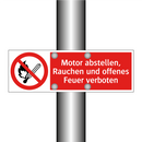 Motor abstellen, Rauchen und offenes Feuer verboten