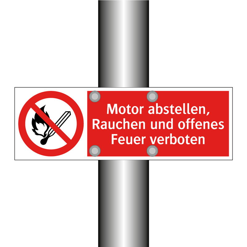 Motor abstellen, Rauchen und offenes Feuer verboten