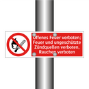 Offenes Feuer verboten; Feuer und ungeschützte Zündquellen verboten, Rauchen verboten