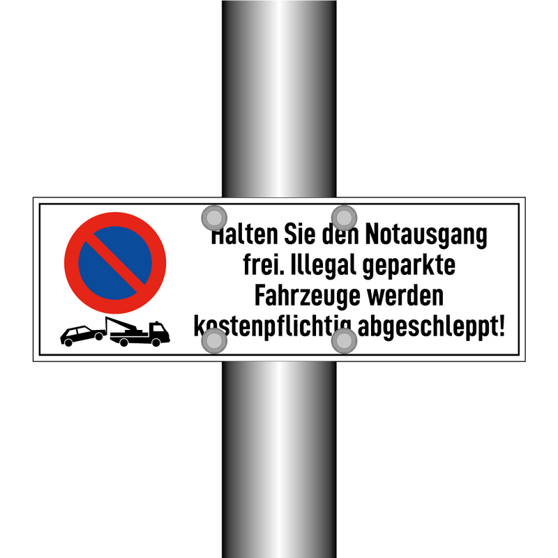Halten Sie den Notausgang frei. Illegal geparkte Fahrzeuge werden kostenpflichtig abgeschleppt!