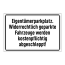 Eigentümerparkplatz. Widerrechtlich geparkte Fahrzeuge werden kostenpflichtig abgeschleppt!