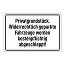 Privatgrundstück. Widerrechtlich geparkte Fahrzeuge werden kostenpflichtig abgeschleppt!
